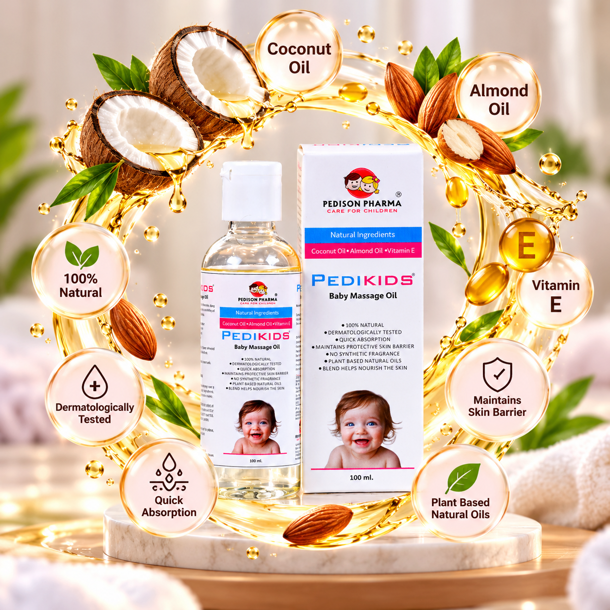 PediKids Baby Massage Oil | Coconut Oil, Almond Oil & Vitamin E | 100ml - Image 5